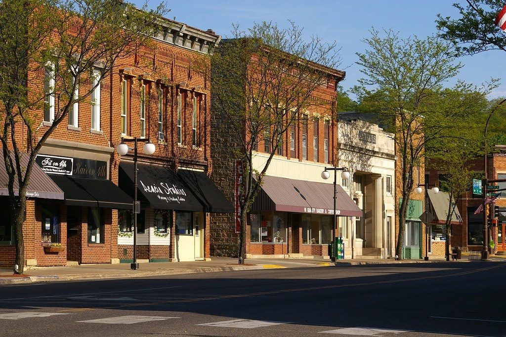Historic brick storefronts along downtown Cannon Falls, Minnesota