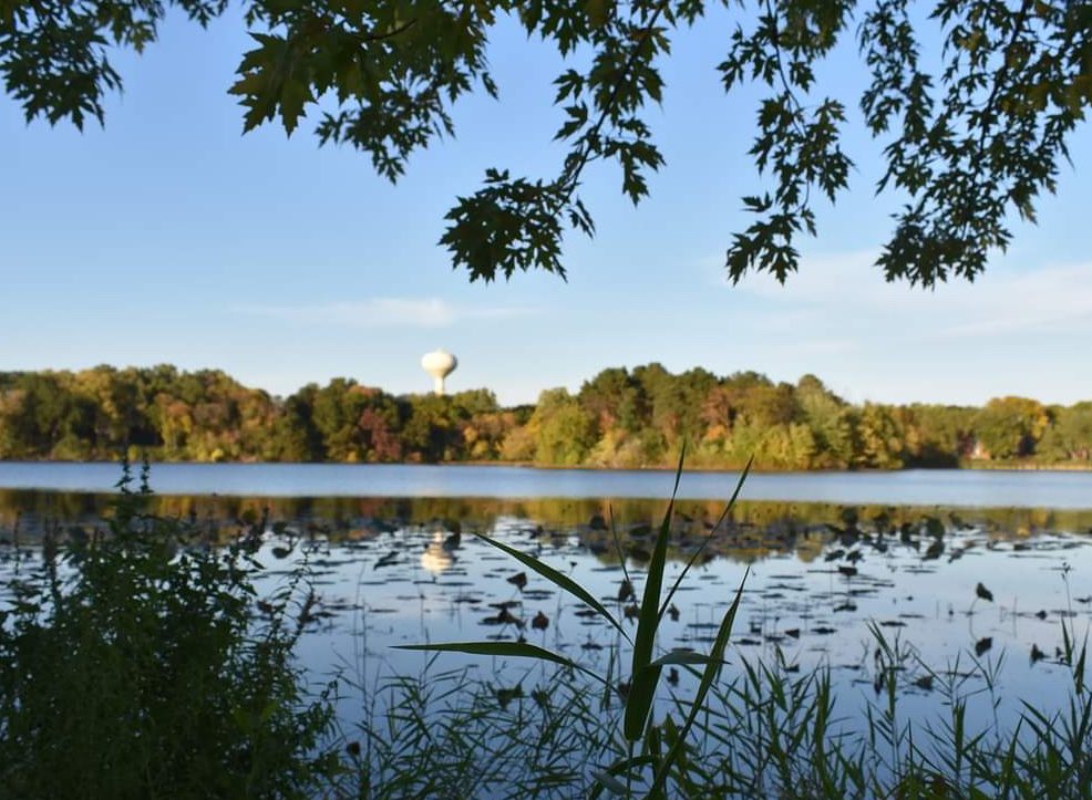 Schmidt Lake in Inver Grove Heights with the city water tower rising over the treeline