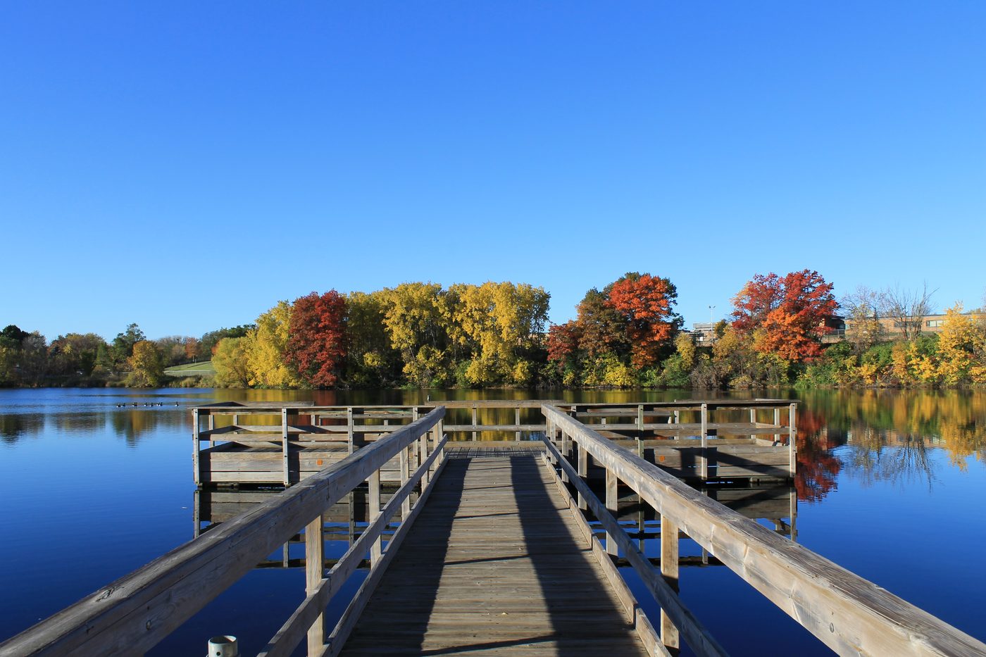 Wooden fishing pier on a West St. Paul lake with fall colors across the water